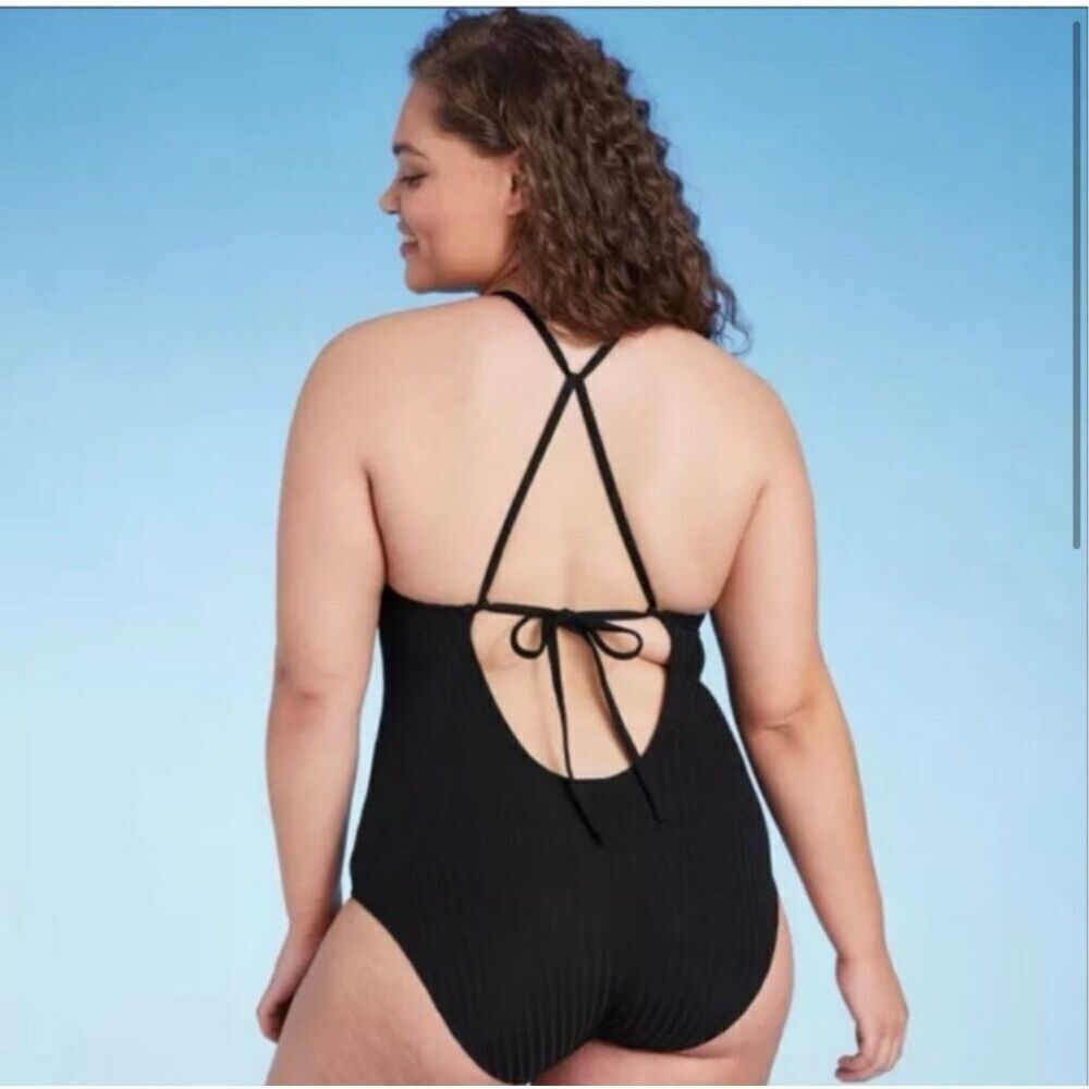 🌸 Shade and Shore Black One Piece Ribbed Swimsuit With Beaded Straps Size Small - Picture 2 of 5
